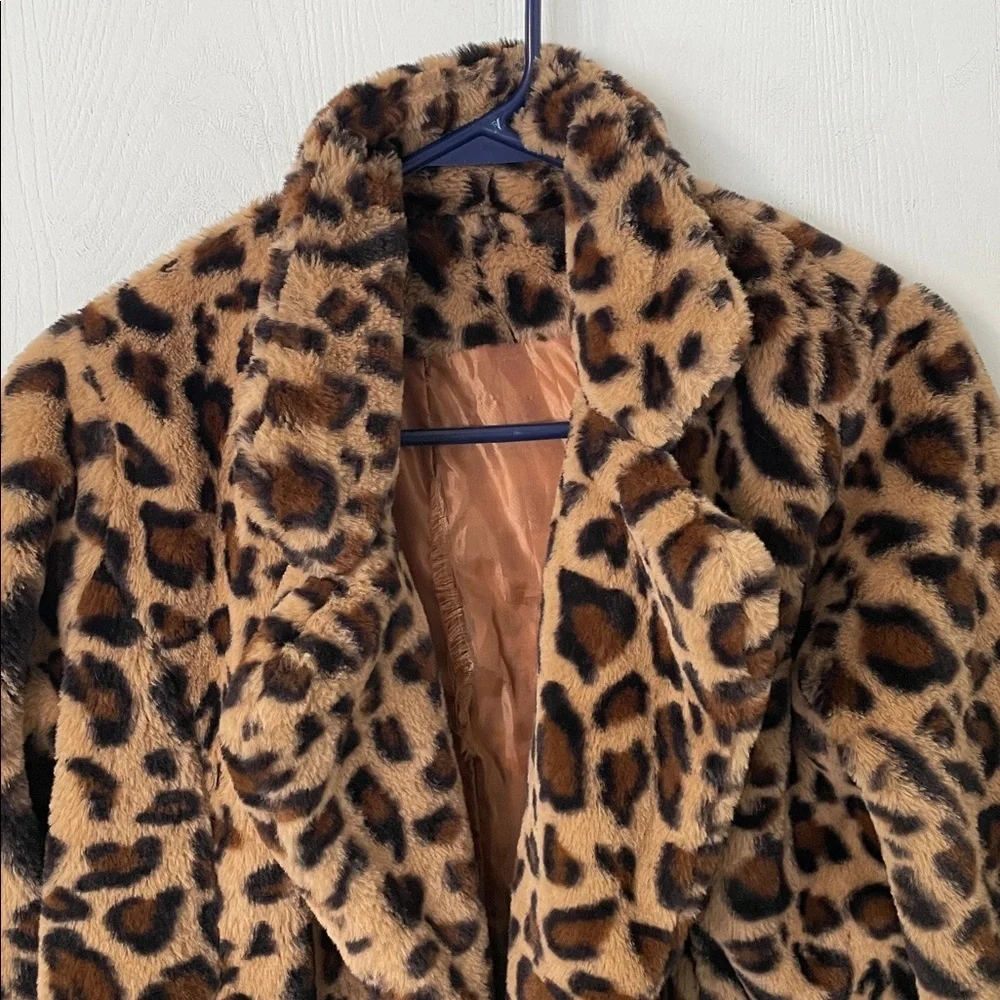 Leopard Print Faux Fur Teddy Coat Cropped Open Front Lined Size Small - Picture 5 of 9